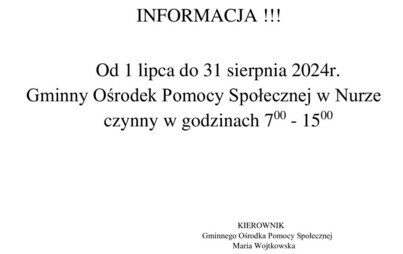 Zdjęcie do Informacja o zmianie godzin pracy Gminnego Ośrodka Pomocy Społecznej w Nurze