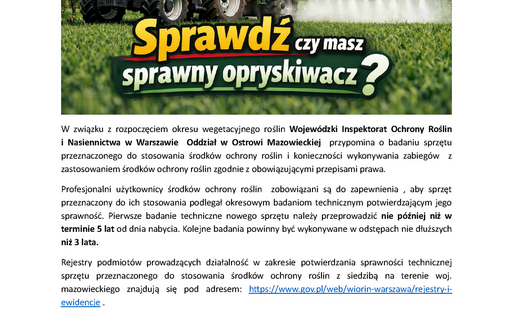 Zdjęcie do  Przypominamy o ważnych obowiązkach dotyczących stosowania środk&oacute;w ochrony roślin